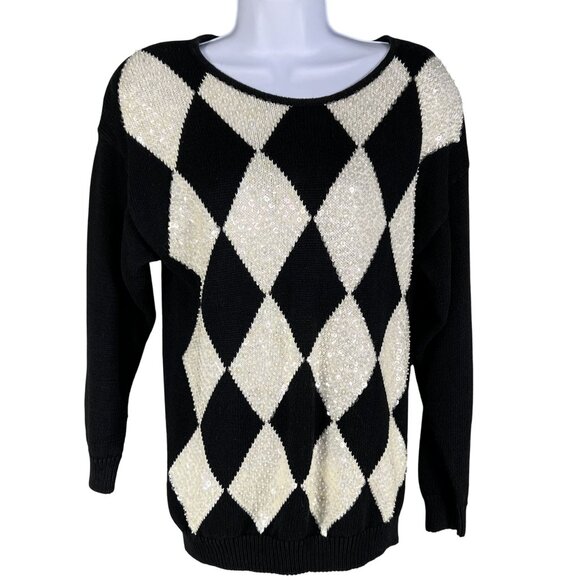 Vintage Marnie West Womens L Harlequin Sequin Sweater Diamond Pattern Holiday - Picture 1 of 13